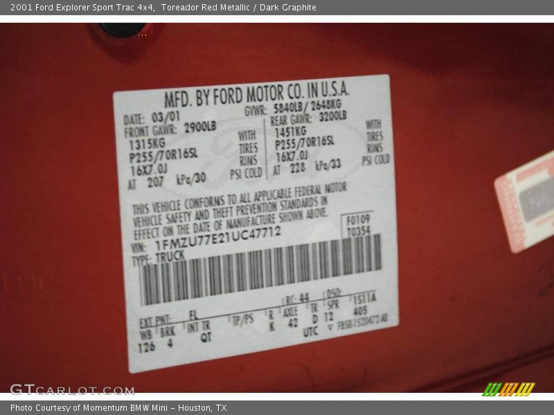 2001 Explorer Sport Trac 4x4 Toreador Red Metallic Color Code FL