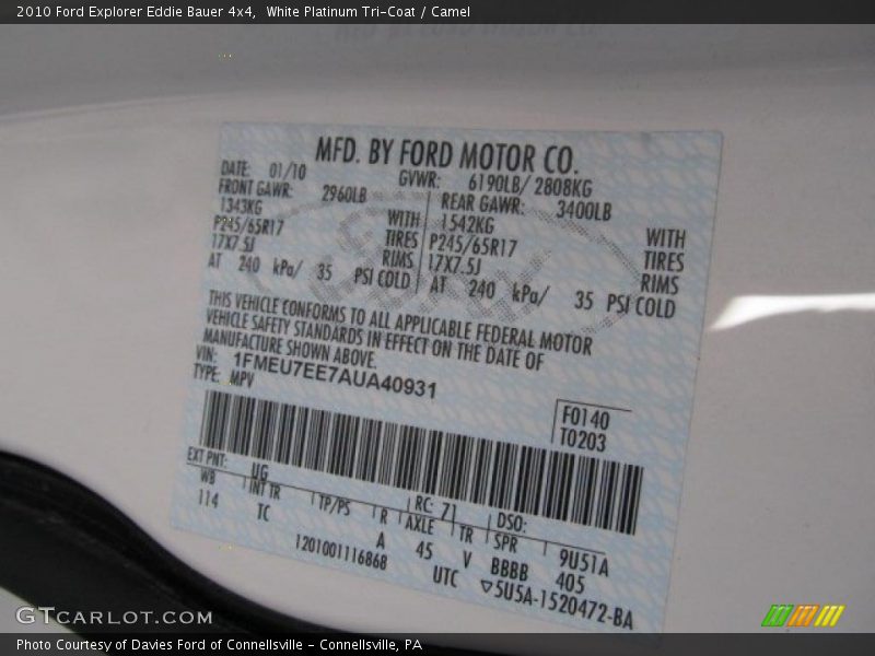 White Platinum Tri-Coat / Camel 2010 Ford Explorer Eddie Bauer 4x4