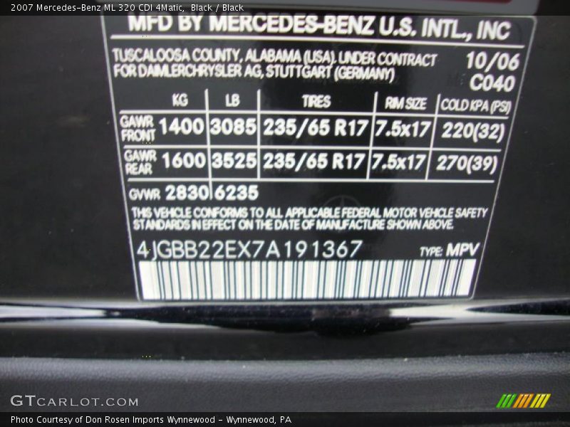 2007 ML 320 CDI 4Matic Black Color Code 040