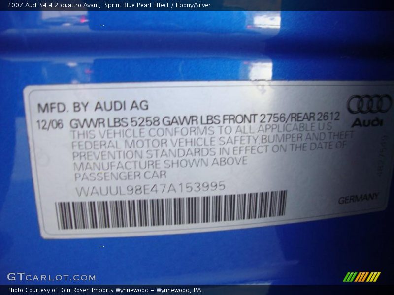 Info Tag of 2007 S4 4.2 quattro Avant