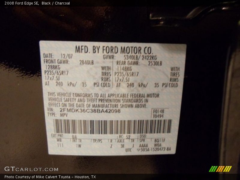 Black / Charcoal 2008 Ford Edge SE