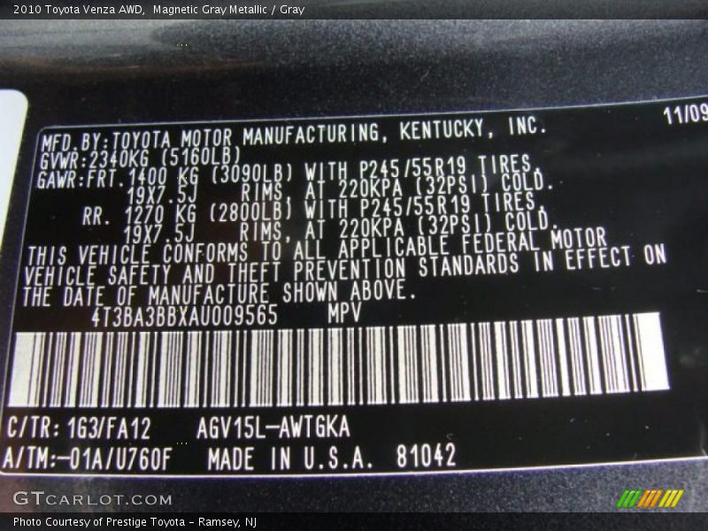 2010 Venza AWD Magnetic Gray Metallic Color Code 1G3