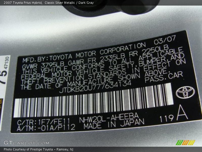 2007 Prius Hybrid Classic Silver Metallic Color Code 1F7