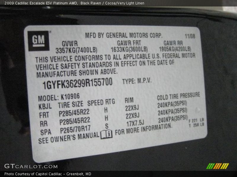 Info Tag of 2009 Escalade ESV Platinum AWD