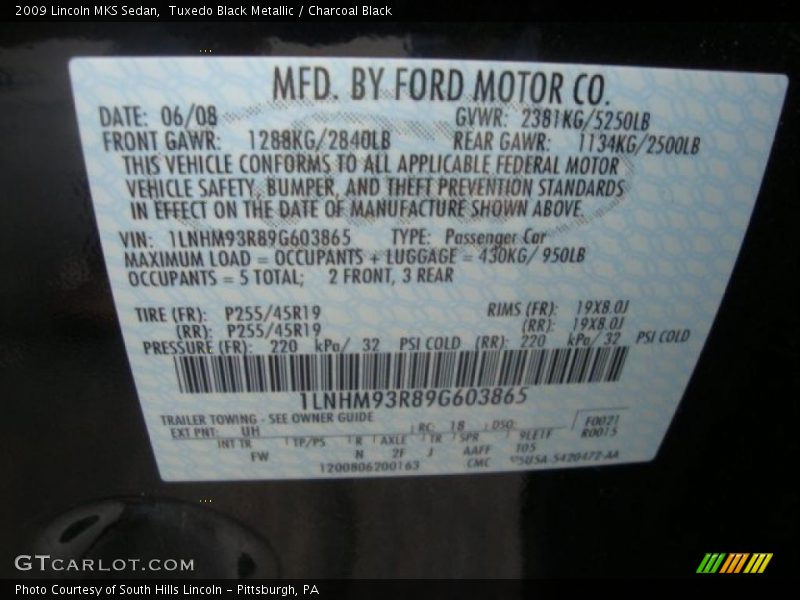 2009 MKS Sedan Tuxedo Black Metallic Color Code UH