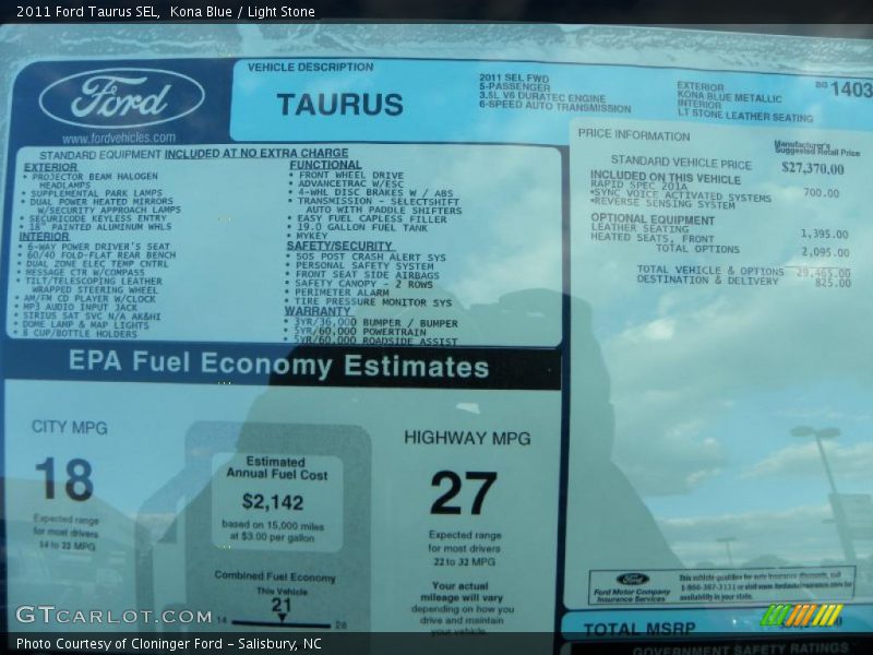  2011 Taurus SEL Window Sticker
