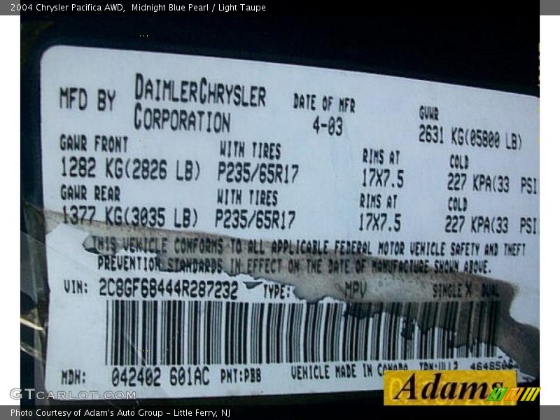 Midnight Blue Pearl / Light Taupe 2004 Chrysler Pacifica AWD