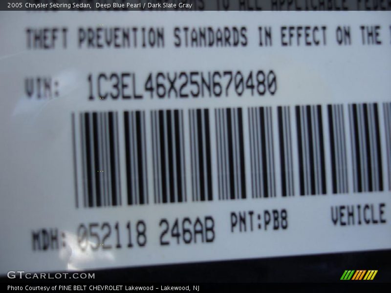 Deep Blue Pearl / Dark Slate Gray 2005 Chrysler Sebring Sedan