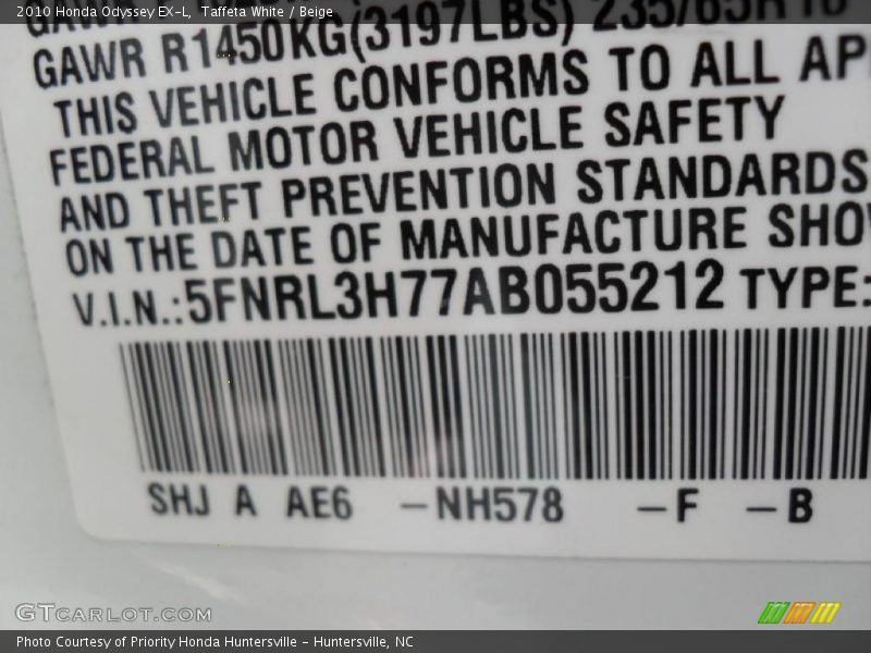 Taffeta White / Beige 2010 Honda Odyssey EX-L