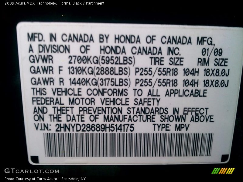Info Tag of 2009 MDX Technology