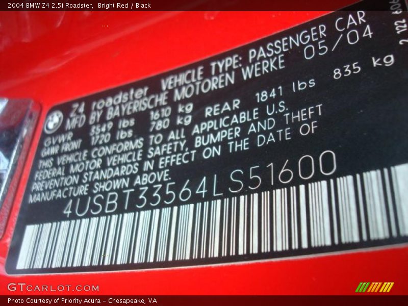 Bright Red / Black 2004 BMW Z4 2.5i Roadster