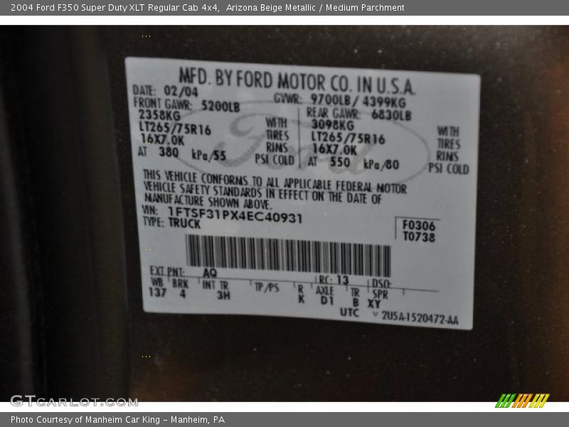 2004 F350 Super Duty XLT Regular Cab 4x4 Arizona Beige Metallic Color Code AQ