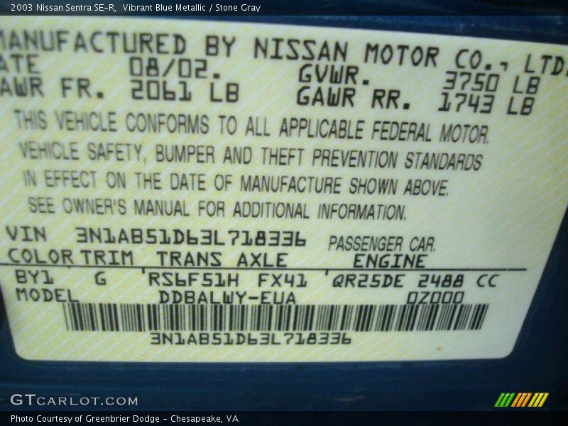 2003 Sentra SE-R Vibrant Blue Metallic Color Code BY1