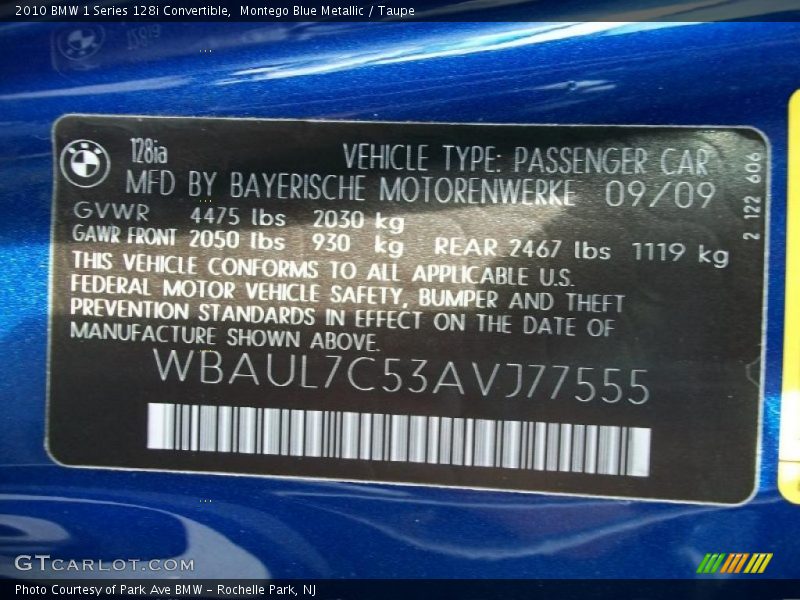 Info Tag of 2010 1 Series 128i Convertible