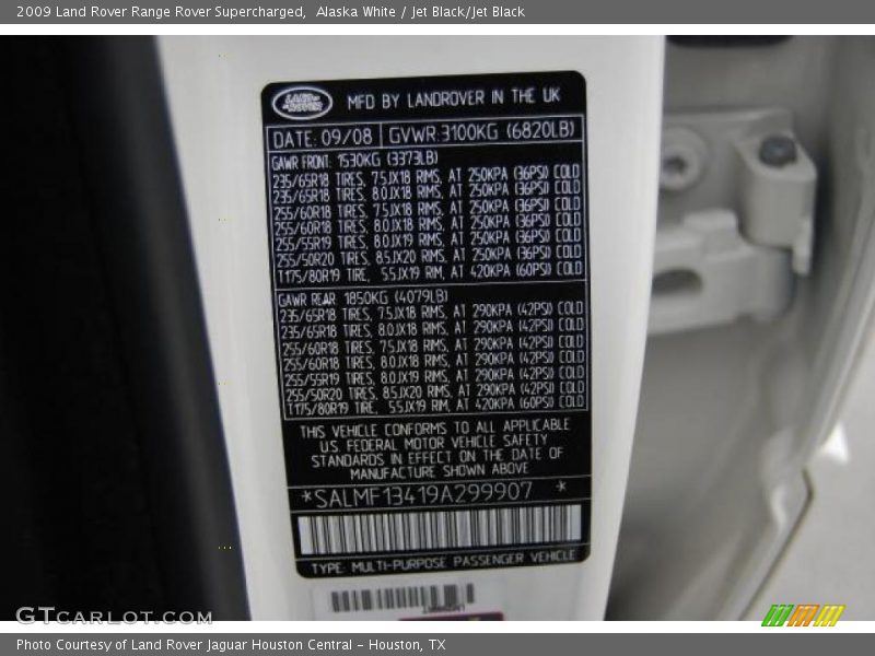 Info Tag of 2009 Range Rover Supercharged