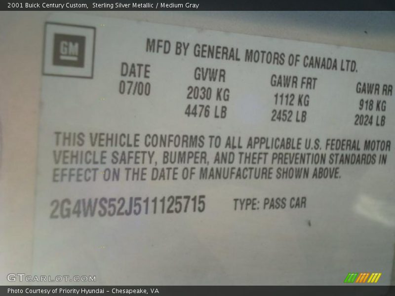 Sterling Silver Metallic / Medium Gray 2001 Buick Century Custom