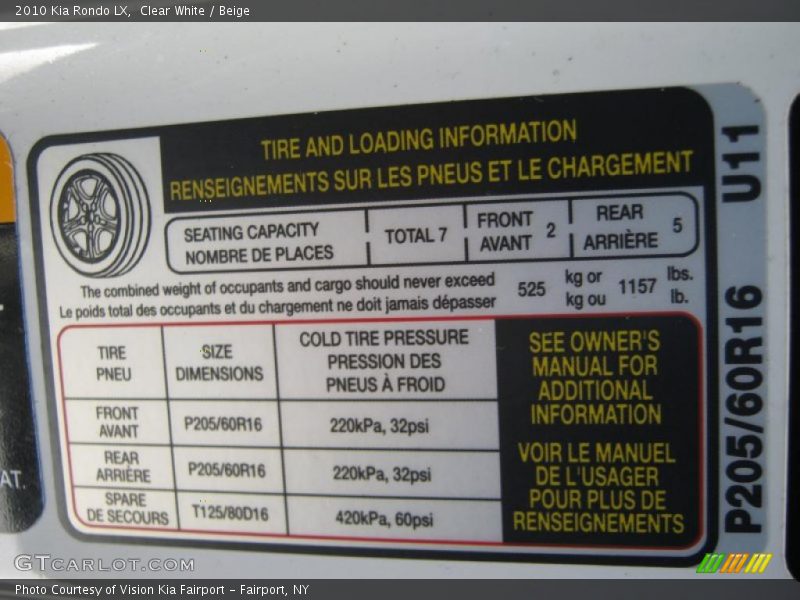 Info Tag of 2010 Rondo LX