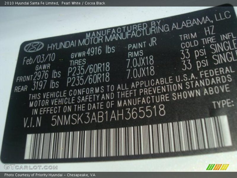 Pearl White / Cocoa Black 2010 Hyundai Santa Fe Limited