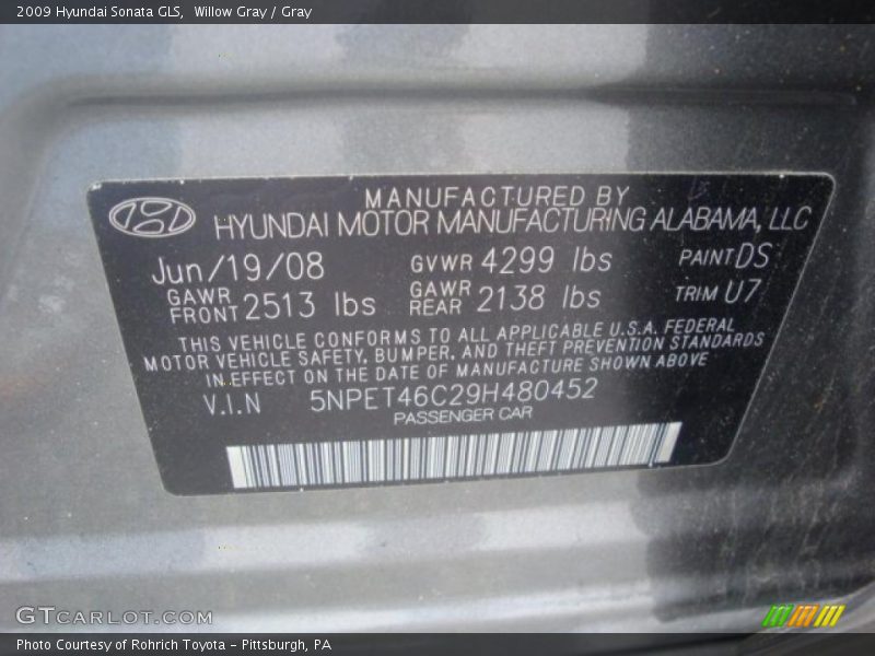 Willow Gray / Gray 2009 Hyundai Sonata GLS