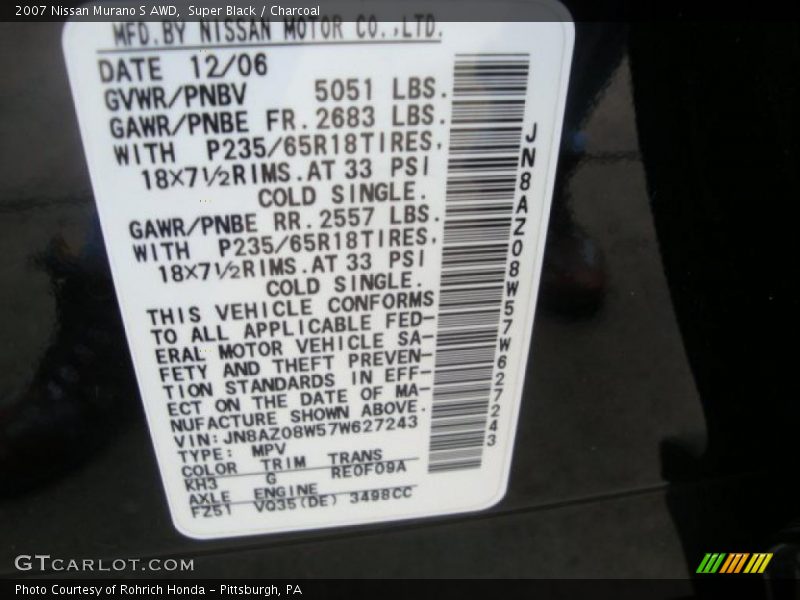 Super Black / Charcoal 2007 Nissan Murano S AWD