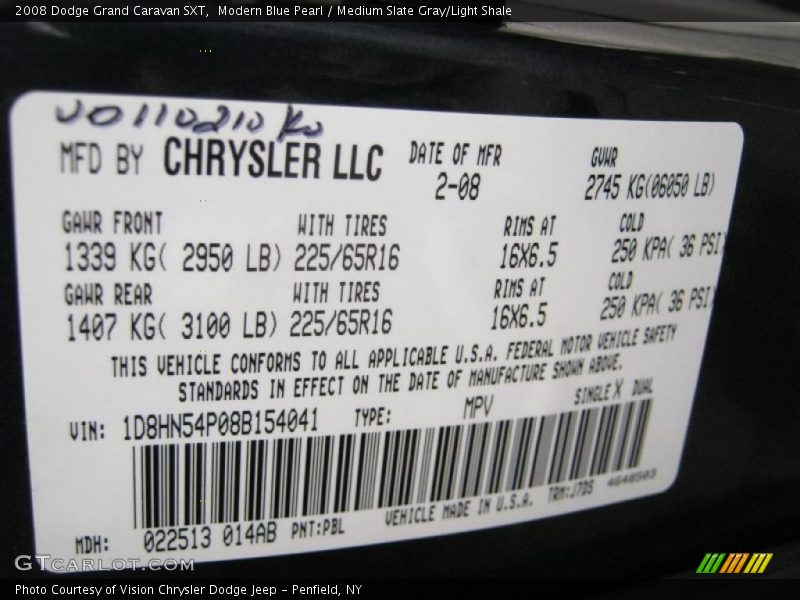 2008 Grand Caravan SXT Modern Blue Pearl Color Code PBL