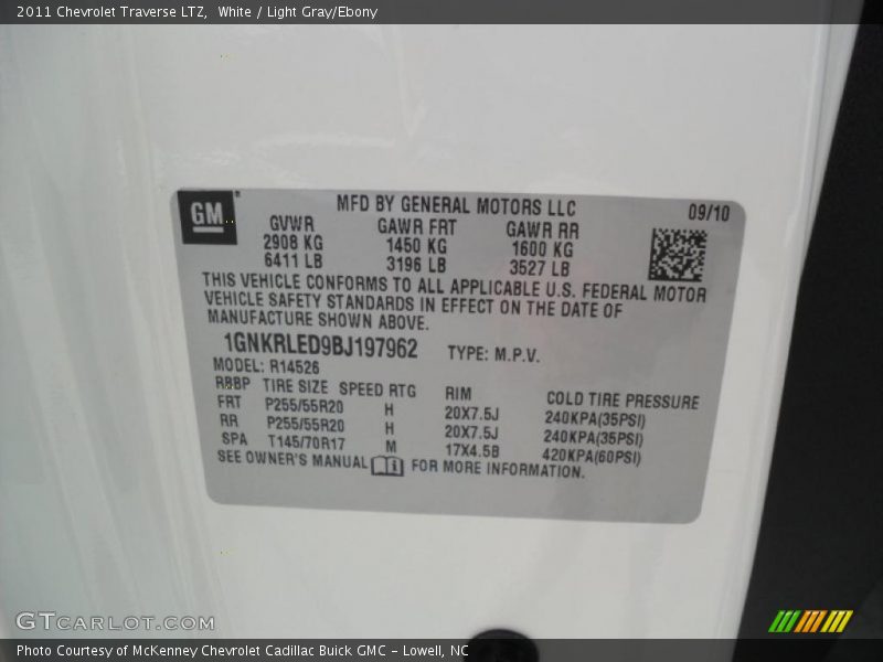 White / Light Gray/Ebony 2011 Chevrolet Traverse LTZ
