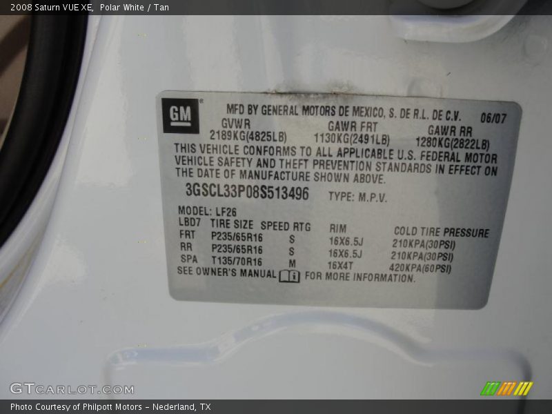 Info Tag of 2008 VUE XE