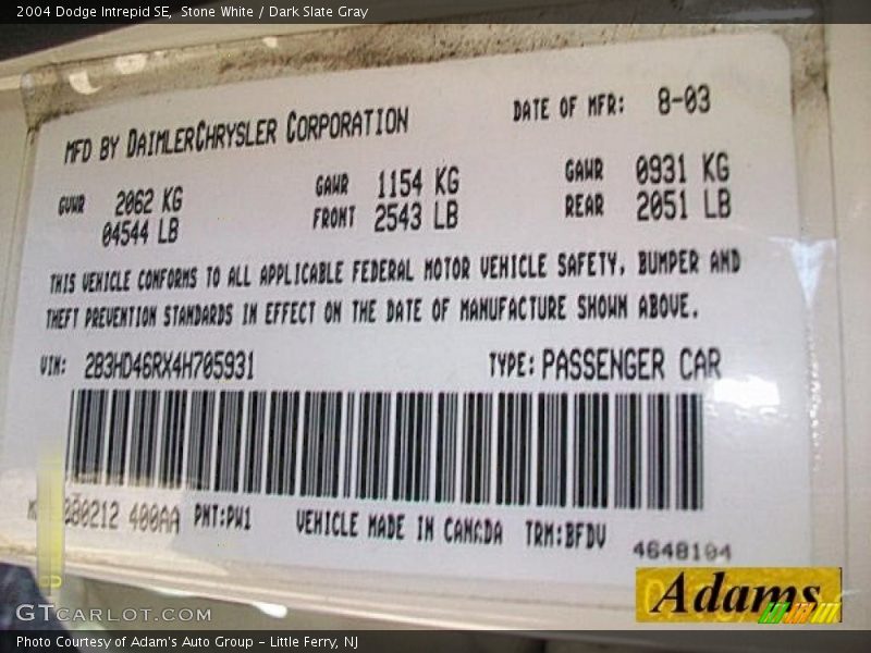 Stone White / Dark Slate Gray 2004 Dodge Intrepid SE
