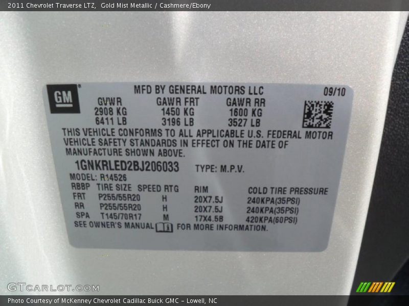 Info Tag of 2011 Traverse LTZ