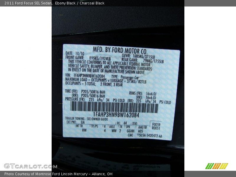Ebony Black / Charcoal Black 2011 Ford Focus SEL Sedan