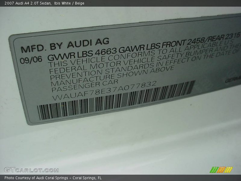 Ibis White / Beige 2007 Audi A4 2.0T Sedan