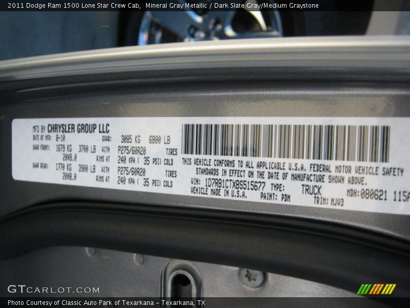 Mineral Gray Metallic / Dark Slate Gray/Medium Graystone 2011 Dodge Ram 1500 Lone Star Crew Cab