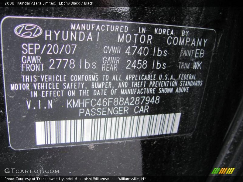 Ebony Black / Black 2008 Hyundai Azera Limited
