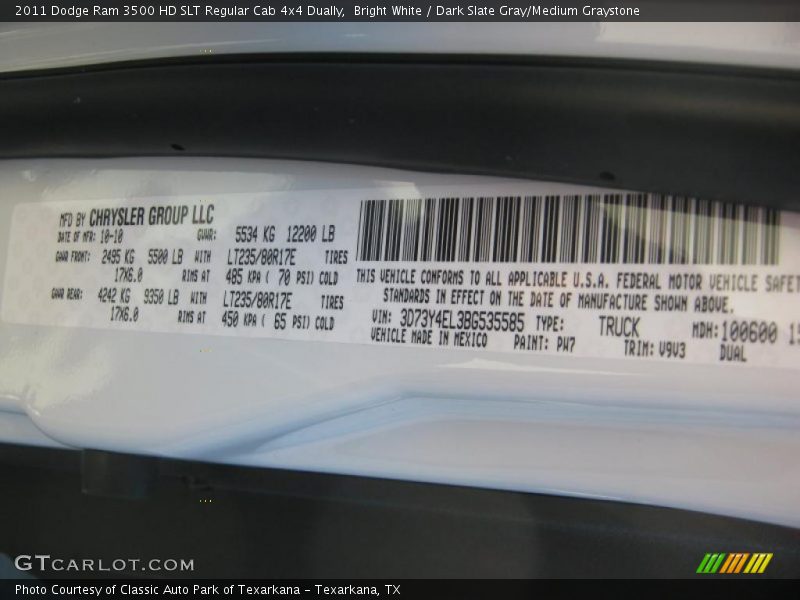 Bright White / Dark Slate Gray/Medium Graystone 2011 Dodge Ram 3500 HD SLT Regular Cab 4x4 Dually