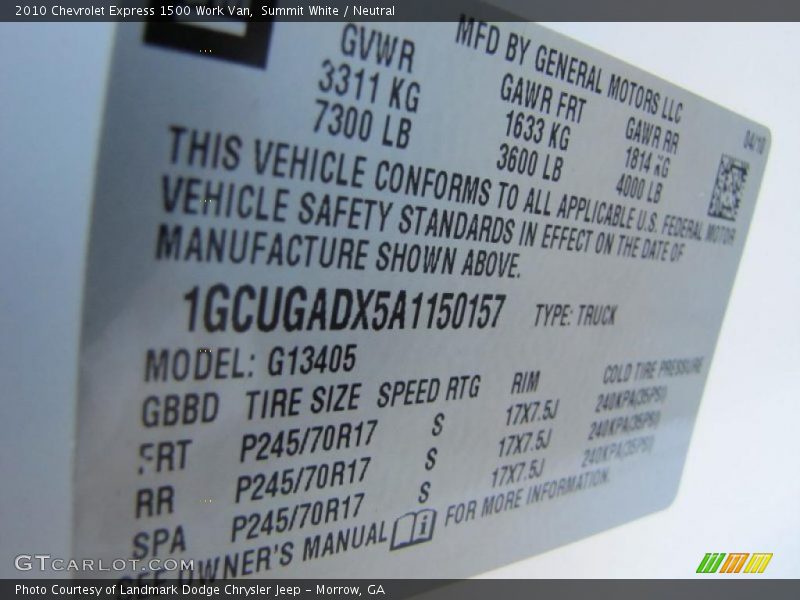 Summit White / Neutral 2010 Chevrolet Express 1500 Work Van