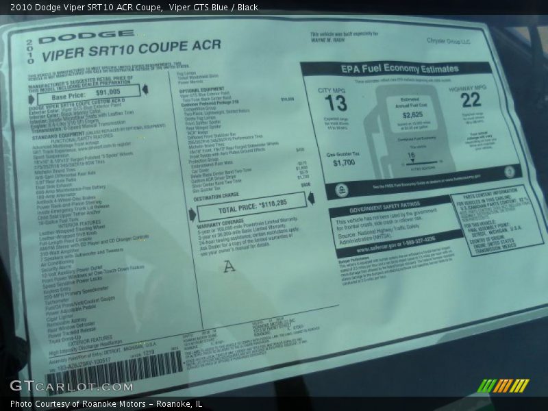  2010 Viper SRT10 ACR Coupe Window Sticker