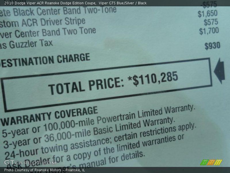  2010 Viper ACR Roanoke Dodge Edition Coupe Window Sticker