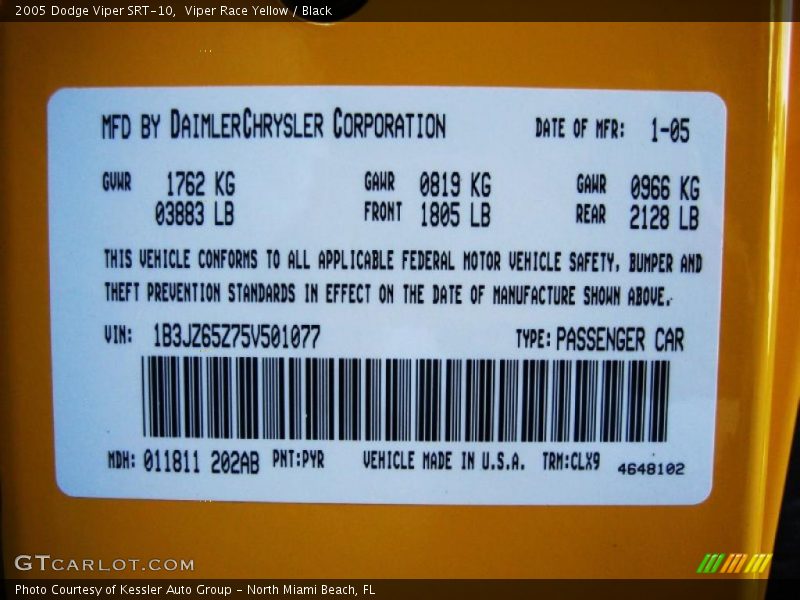 Info Tag of 2005 Viper SRT-10
