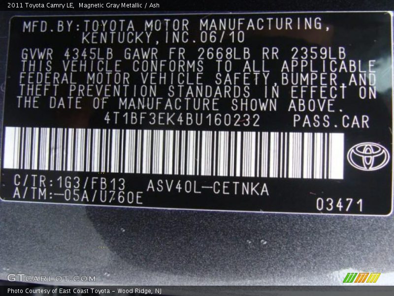 Magnetic Gray Metallic / Ash 2011 Toyota Camry LE