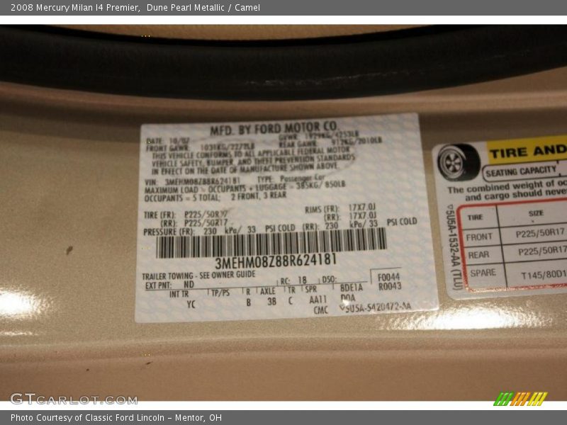 Dune Pearl Metallic / Camel 2008 Mercury Milan I4 Premier