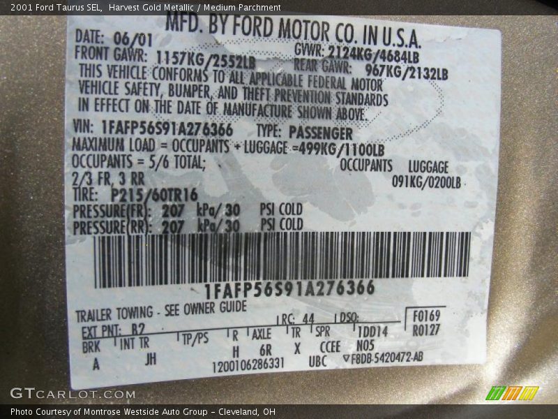 Harvest Gold Metallic / Medium Parchment 2001 Ford Taurus SEL