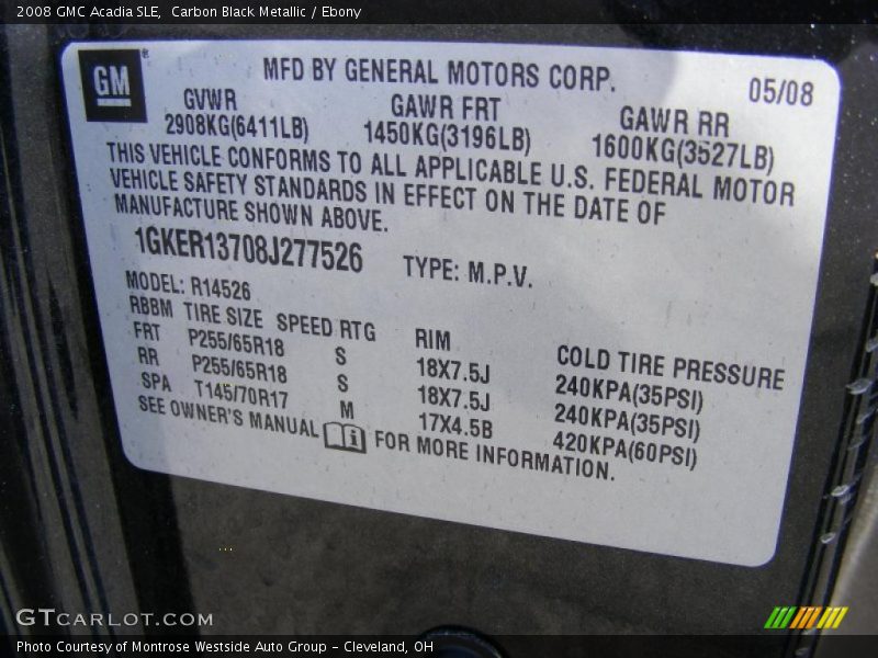 Carbon Black Metallic / Ebony 2008 GMC Acadia SLE
