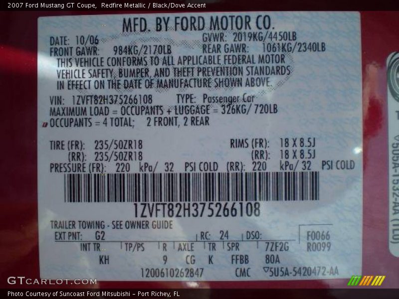 Redfire Metallic / Black/Dove Accent 2007 Ford Mustang GT Coupe