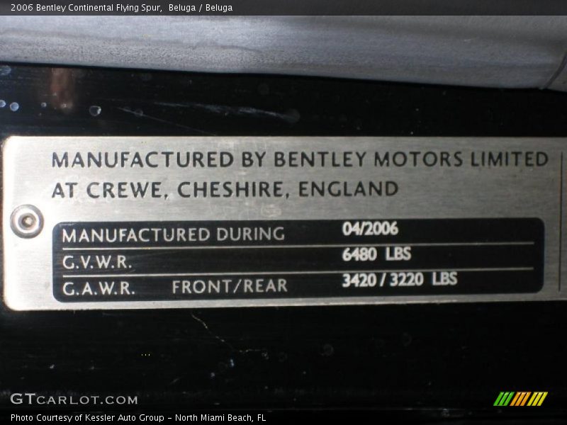 Info Tag of 2006 Continental Flying Spur 