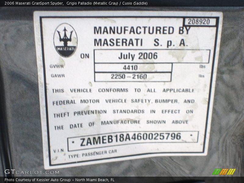 Info Tag of 2006 GranSport Spyder