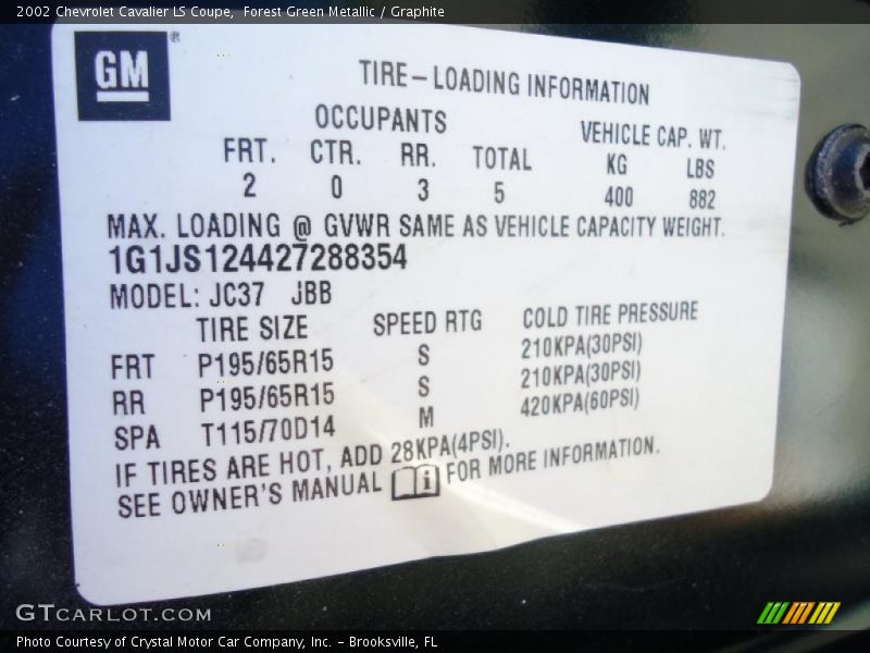 Info Tag of 2002 Cavalier LS Coupe