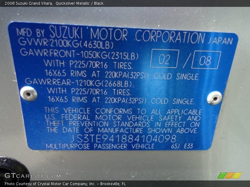 Quicksilver Metallic / Black 2008 Suzuki Grand Vitara