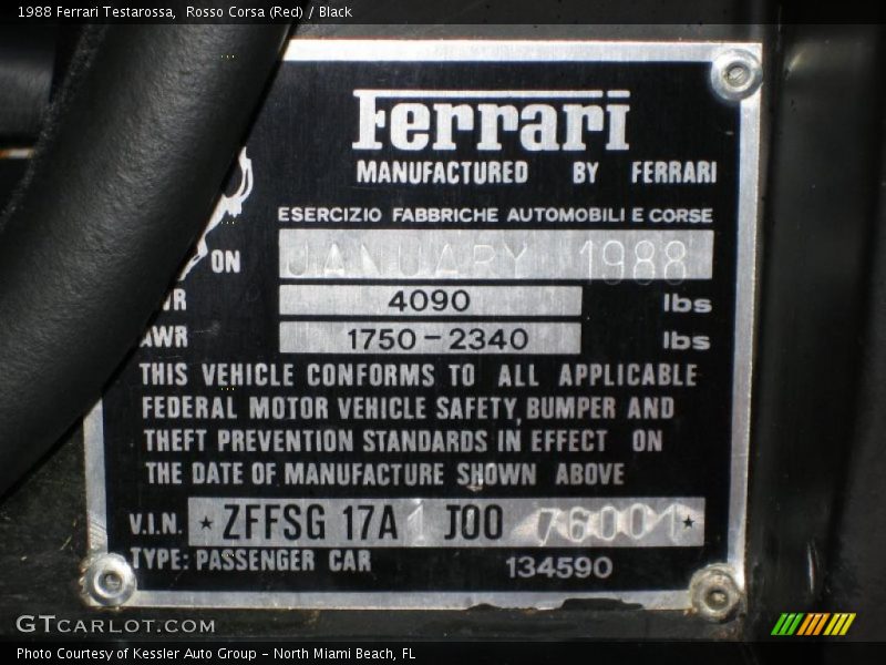 Info Tag of 1988 Testarossa 