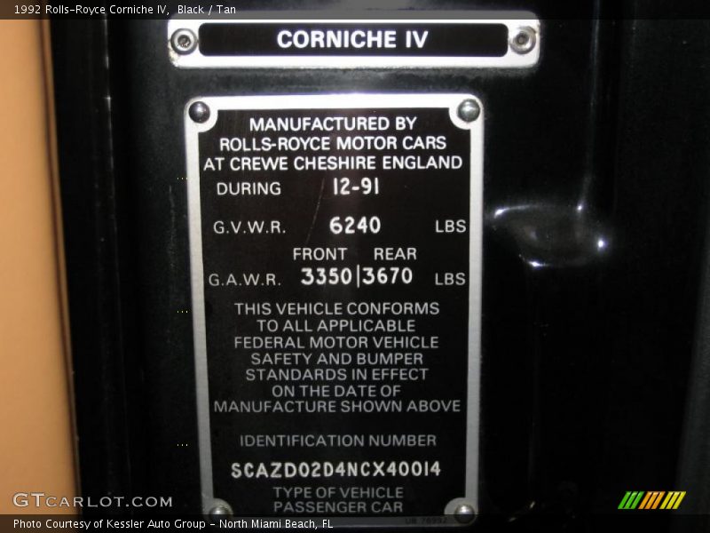 Info Tag of 1992 Corniche IV 