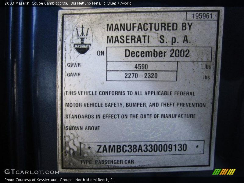 Info Tag of 2003 Coupe Cambiocorsa